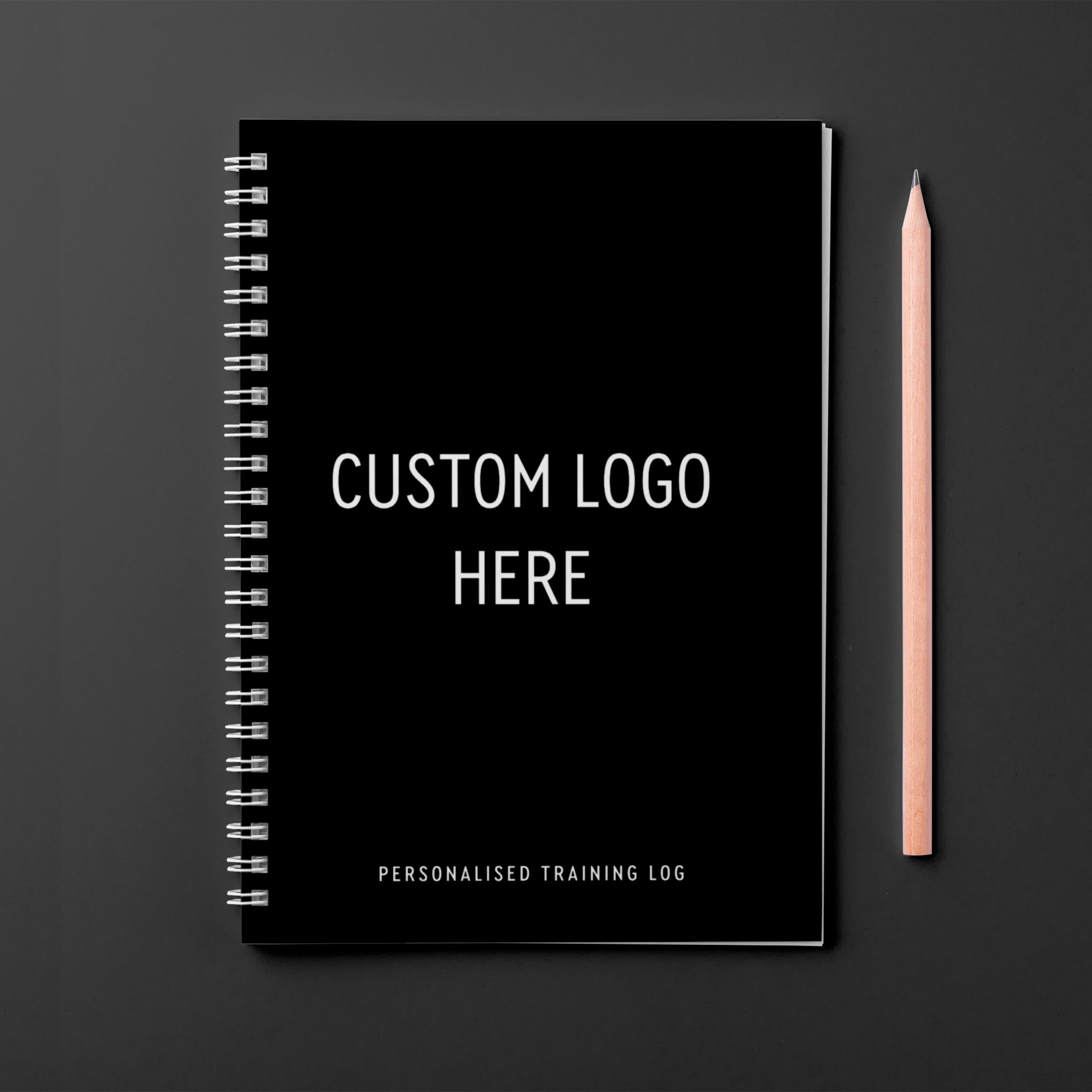 Front page, black cover workout logbook. allowing for logo preview and choice of colours.